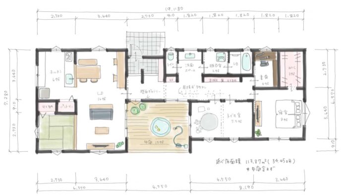 平屋の間取り　4人家族　3LDK　34坪　シューズクローク（家族用玄関）