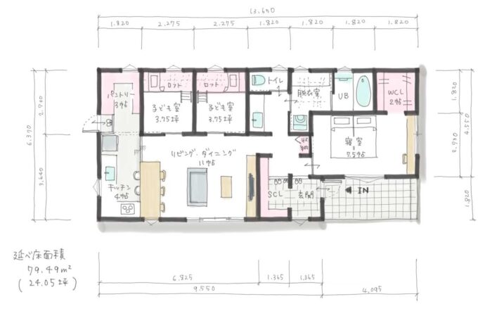 平屋の間取り　4人家族　4LDK　24坪　シューズクローク（家族用玄関）