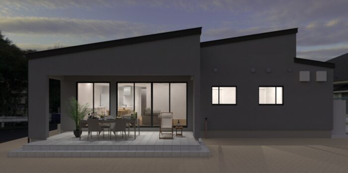 高森町 注文住宅 外観 テラス 中庭 夜景