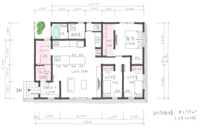 間取り 平屋　28.06坪　４人(280604)