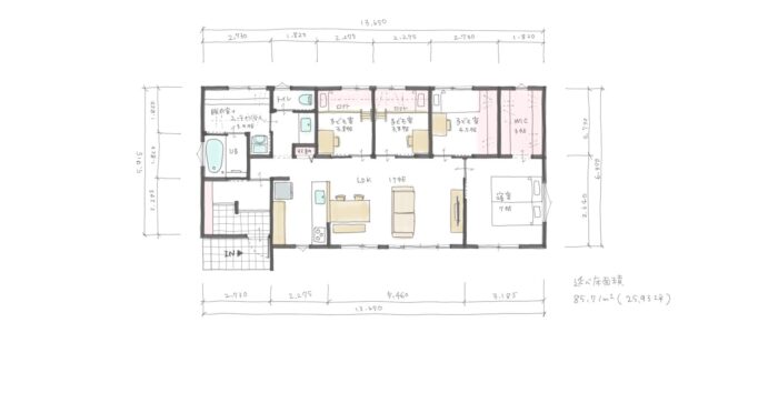 平屋の間取り　5人家族　4LDK　26坪　シューズクローク（家族用玄関）