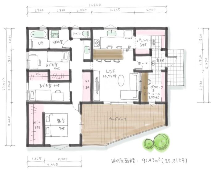 間取り 平屋　27.81坪　４人(278104)