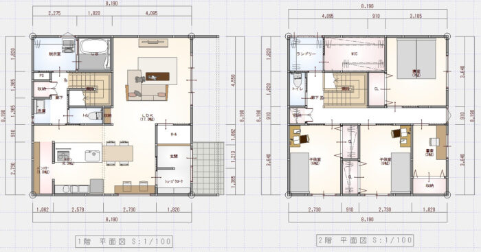 ２階建の間取り　4人家族　40坪　4LDK　ランドリールーム　シューズクローク（家族用玄関）　総２階