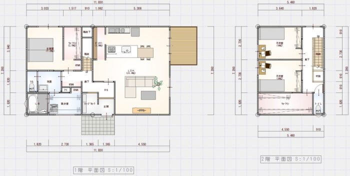 ２階建の間取り　4人家族　38坪　3LDK