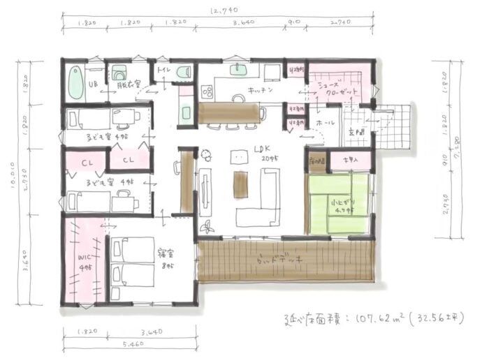 間取り 平屋　32.56坪　４人(325604)