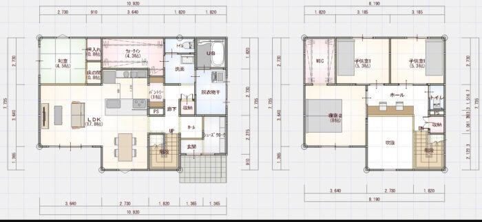 ２階建の間取り　4人家族　39坪　4LDK　シューズクローク（家族用玄関）　吹抜