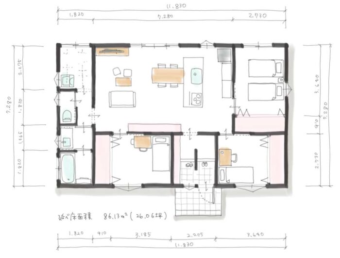 間取り　平屋　26.06坪　４人(260604)