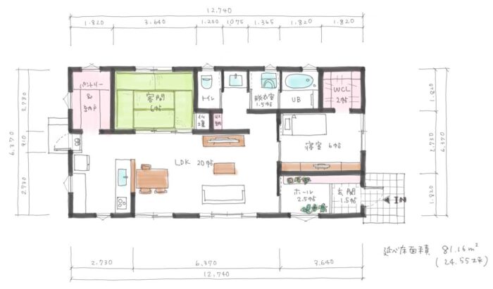 平屋の間取り　2人家族　2LDK　24坪