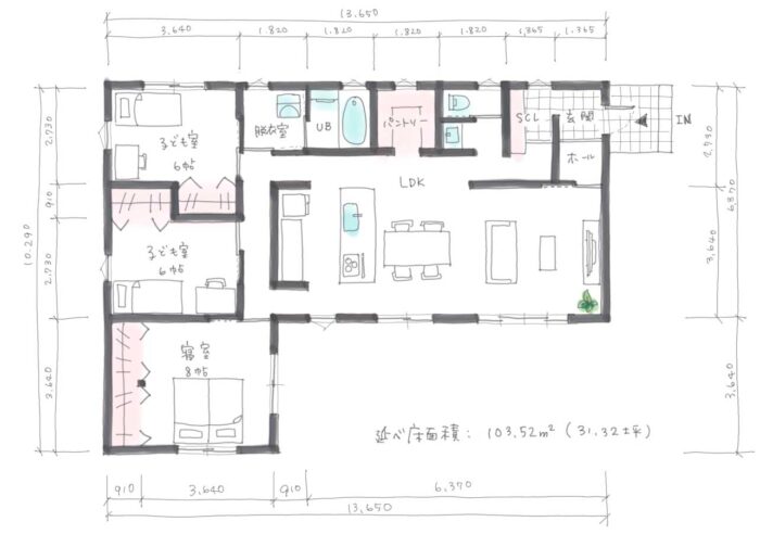 間取り 平屋　31.32坪　４人(313204)