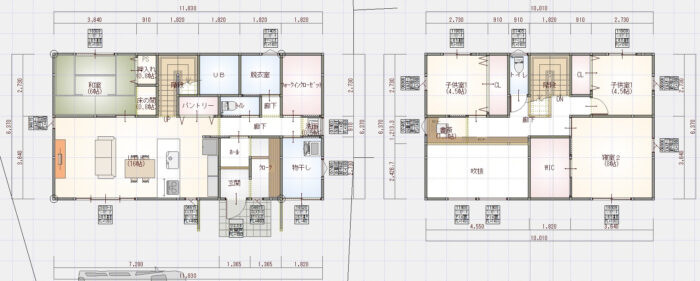 ２階建の間取り　4人家族　39坪　4LDK　ランドリールーム　シューズクローク（家族用玄関）　吹抜
