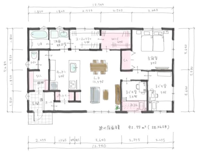 間取り 平屋　28.06坪　４人(2806042)