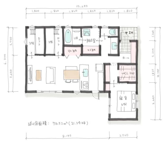 間取り　平屋　21.34坪　４人(213404)