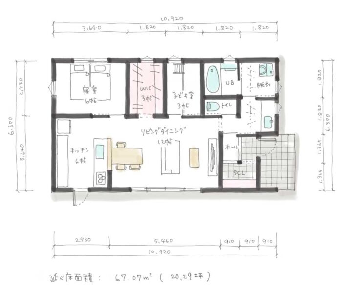 間取り　平屋　20.29坪　3人(202903)